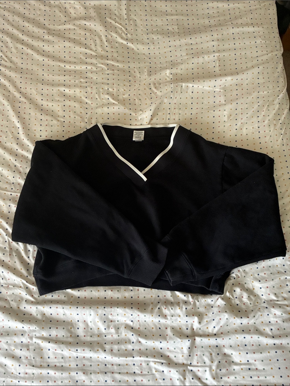 Black V-Neck Pullover Sweater with White Trim